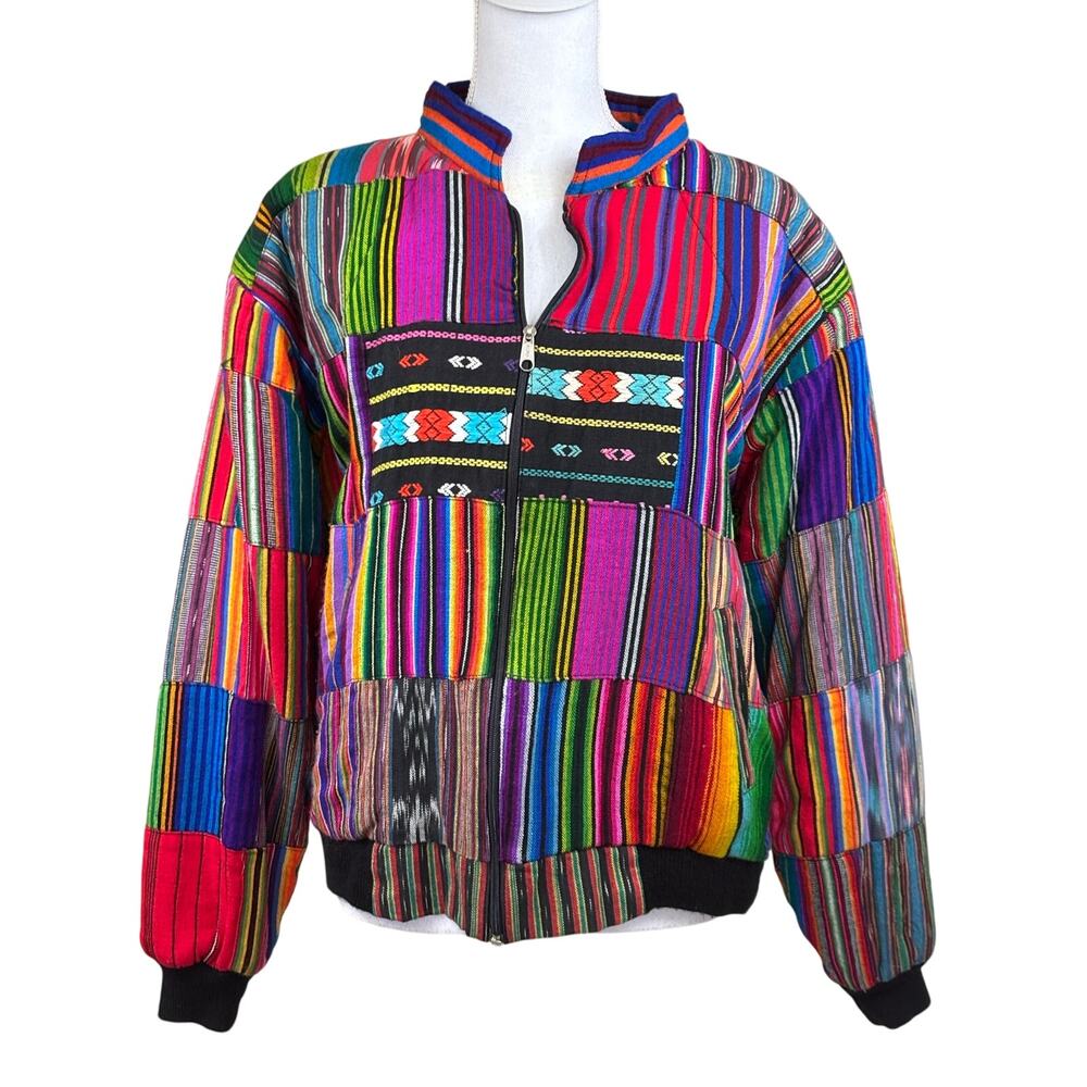 Handmade Guatemalan Patchwork Cotton Jacket Multi Color Artisan Wearable Art M